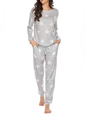 Ekouaer Star Print Long Sleeve Sleepwear Set Grey Large NWT
